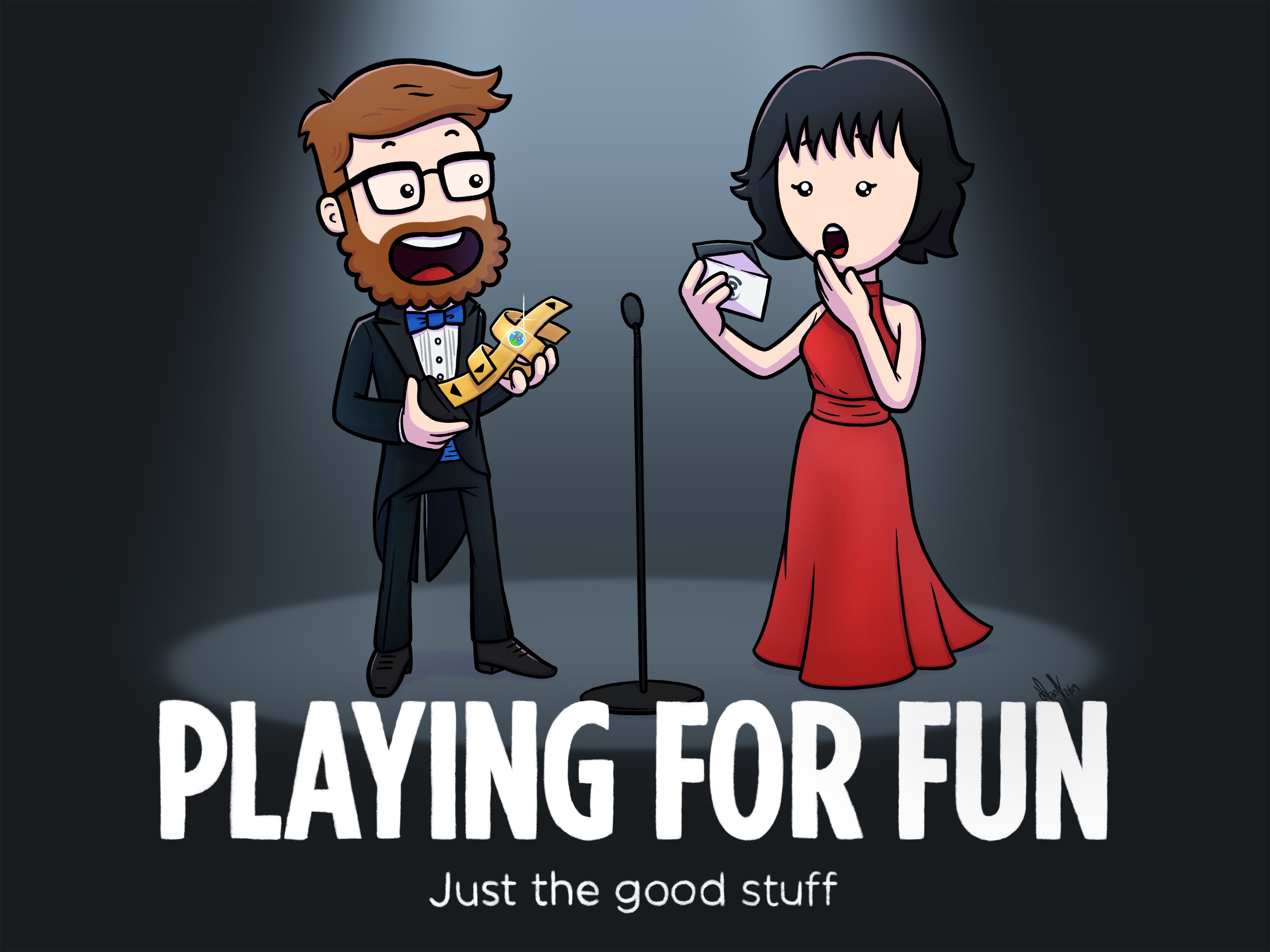 Playing for Funsies A playful illustration of a formal awards ceremony. A bearded character in a tuxedo is excitedly holding an award resembling a golden gaming controller, while a character in a glamorous red dress gasps in surprise. The tagline reads 'Playing for Fun – Just the good stuff.'