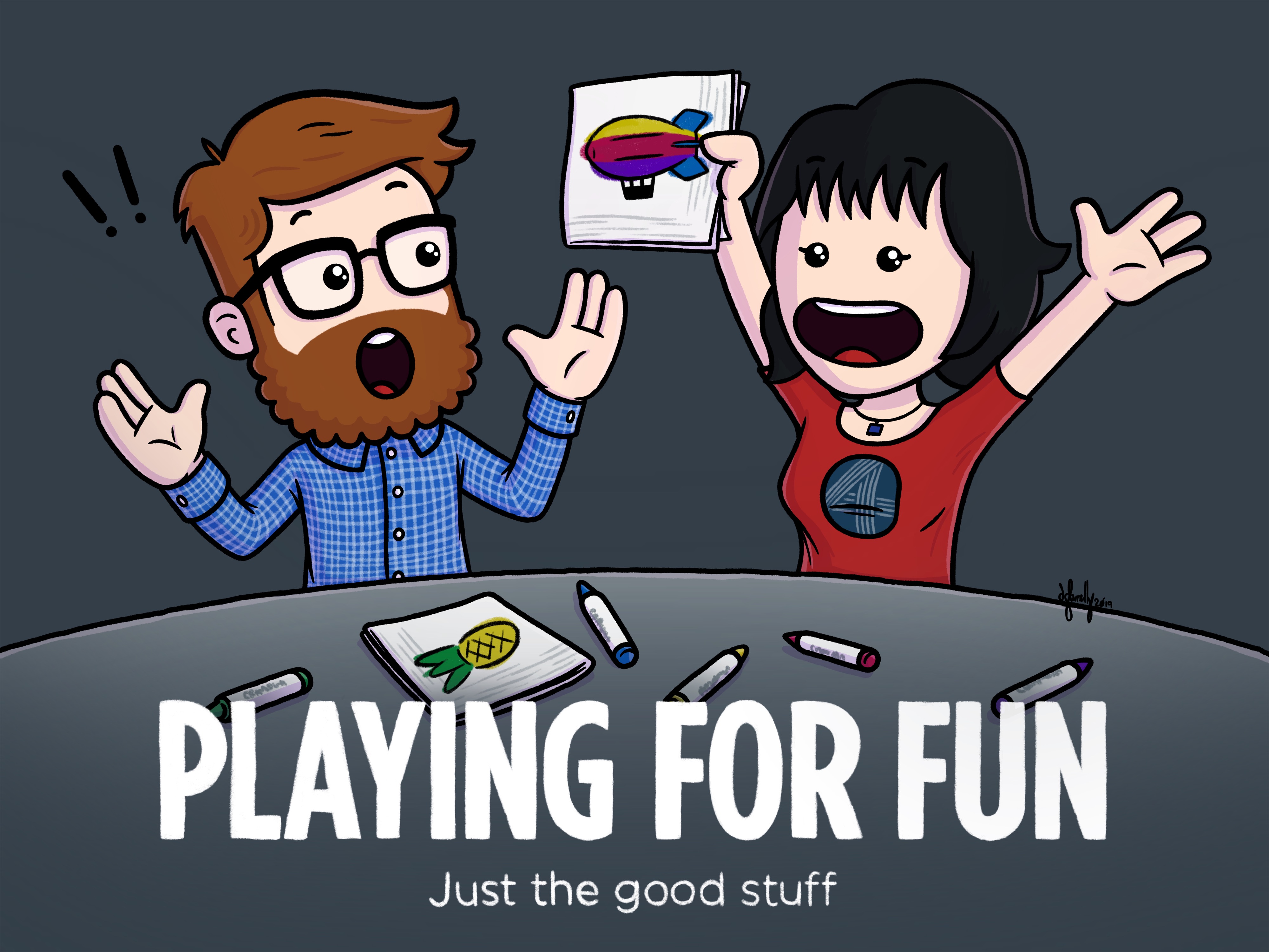 Playing for Mustard Blimp Two characters enthusiastically hold up drawings they created during an art session. One character presents a colourful blimp, while the other is amazed, arms raised in surprise. Crayons and drawings are scattered on the table. The tagline reads 'Playing for Fun – Just the good stuff.'